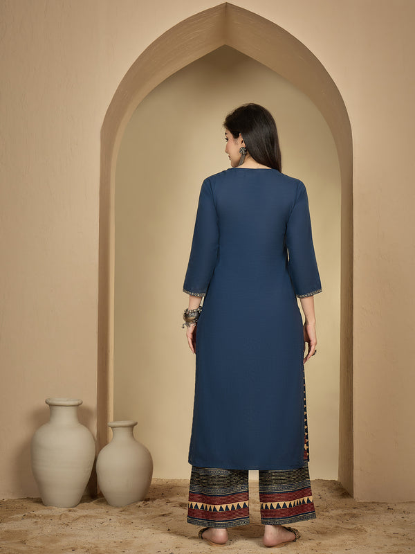 Gulmohar Jaipur Rayon Calf Length Solid 3/4 Sleeves V-Neck Straight Kurta Suit Set