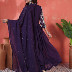 Purple Cotton Calf Length Solid 3/4 Sleeves V-Neck Anarkali Kurta Suit Set