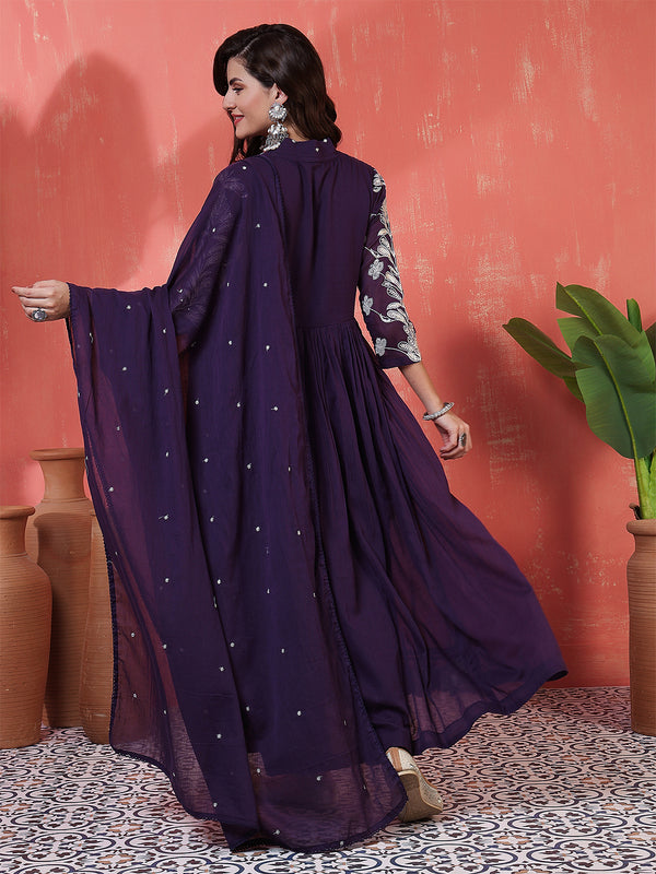 Purple Cotton Calf Length Solid 3/4 Sleeves V-Neck Anarkali Kurta Suit Set