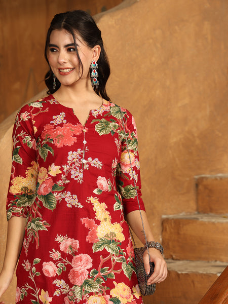 Maroon Cotton Calf Length Printed Straight Round Neck Kurta