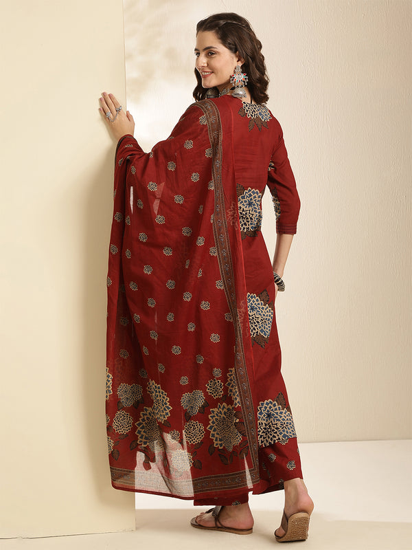 Maroon Pure Cotton Printed 3/4 Sleeves V-Neck Straight Kurta Suit Set