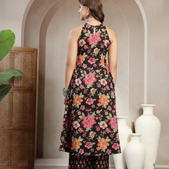 Cotton Calf Length Printed Sleeveless Round Neck Flared Kurta Suit Set