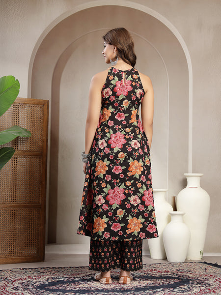 Cotton Calf Length Printed Sleeveless Round Neck Flared Kurta Suit Set