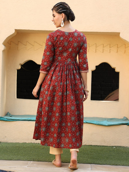 Maroon Cotton Calf Length Printed Semi-Flared V-Neck Kurta