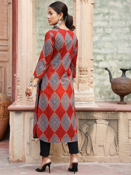 Maroon Cotton Calf Length Printed Straight Round Neck Kurta