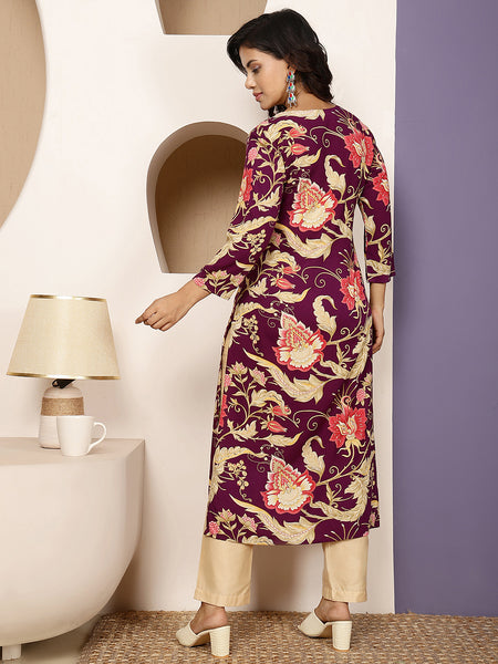 Purple Rayon Calf Length Printed V-Neck Straight Kurta
