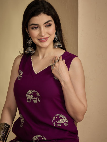 Gulmohar Jaipur Rayon Calf Length Printed Sleeveless V-Neck Straight Kurta Suit Set