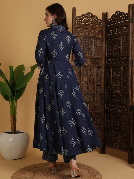 Navy Blue Cotton Calf Length Printed Flared V-Neck Kurta Suit Set