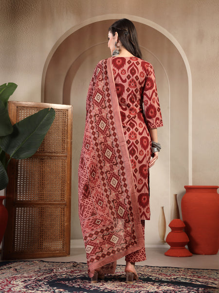 Gulmohar Jaipur Cotton Calf Length Printed 3/4 Sleeves Round Neck Straight Kurta Suit Set