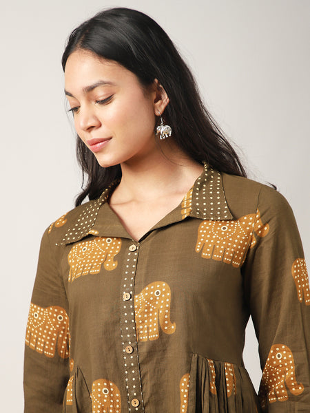 Cotton Hip Length Printed Full Sleeve Shirt Collar Flared Top