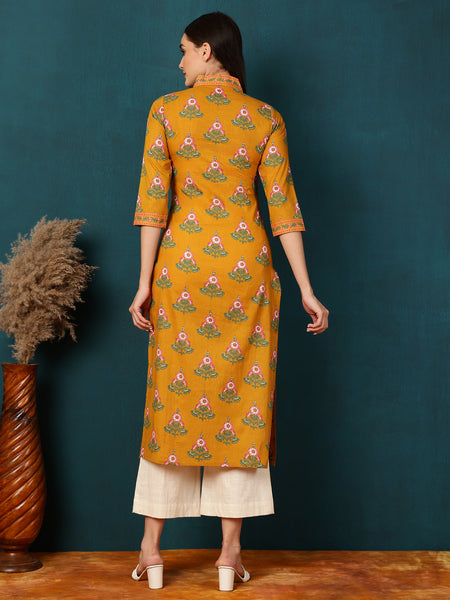 Cotton  Calf length Length Floral  Straight 3/4 Sleeves V  Kurta