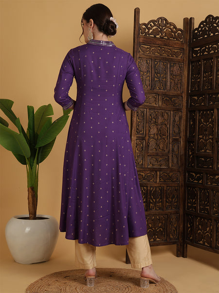 Purple Rayon Calf Length Solid Semi-Flared V-Neck Kurta