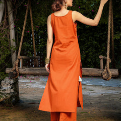 Gulmohar Jaipur Rayon Calf Length Solid Sleeveless Round Neck Straight Kurta Suit Set