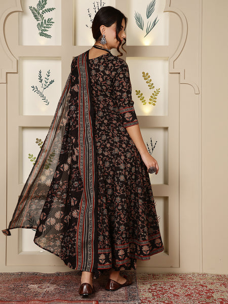 Black Cotton Calf Length Printed Round Anarkali Neck Kurta Suit Set