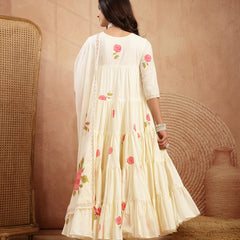 Gulmohar Jaipur Malmal Calf Length Printed 3/4 Sleeves Round Neck Anarkali Kurta Suit Set