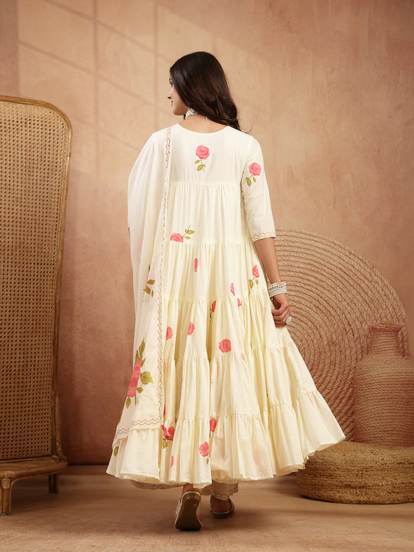 Gulmohar Jaipur Malmal Calf Length Printed 3/4 Sleeves Round Neck Anarkali Kurta Suit Set