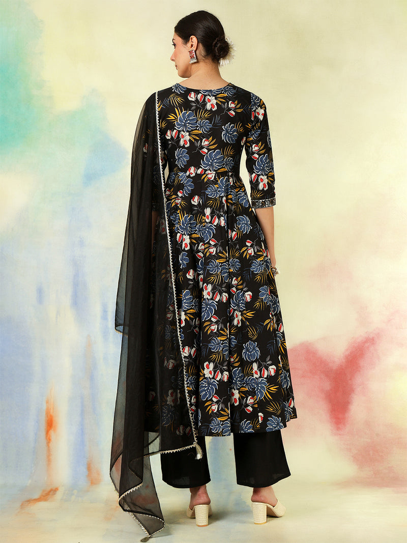 Black Pure Cotton Printed hand-Work Anarkali Kurta Suit Set