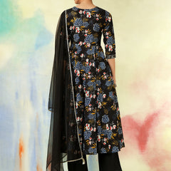 Black Pure Cotton Printed hand-Work Anarkali Kurta Suit Set