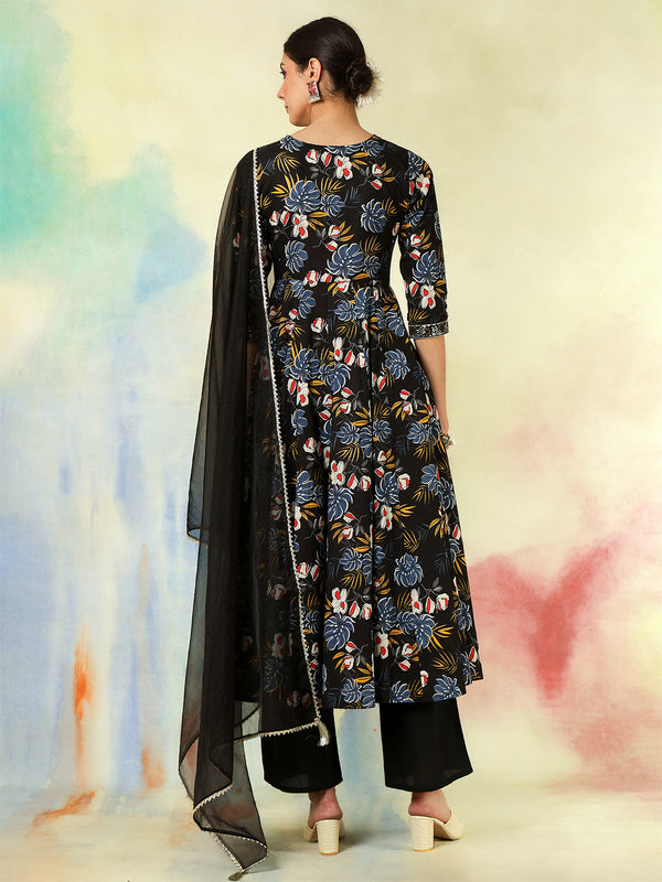 Black Pure Cotton Printed hand-Work Anarkali Kurta Suit Set