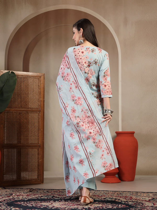 Gulmohar Jaipur Cotton Calf Length Printed 3/4 Sleeves V-Neck Straight Kurta Suit Set