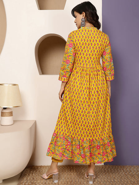 Mustard Cotton Calf Length Printed Round Flared Gown