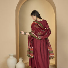 Gulmohar Jaipur Cotton Calf Length Solid 3/4 Sleeves Round Neck Flared Kurta Suit Set