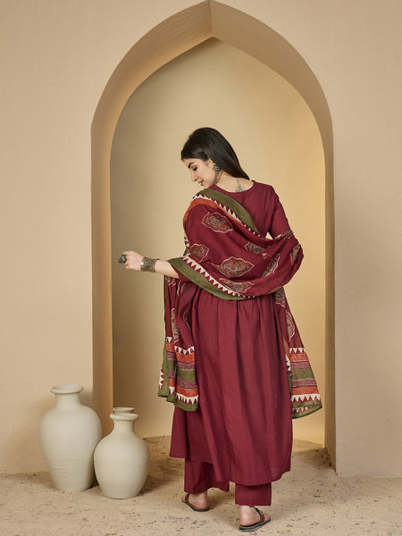 Gulmohar Jaipur Cotton Calf Length Solid 3/4 Sleeves Round Neck Flared Kurta Suit Set