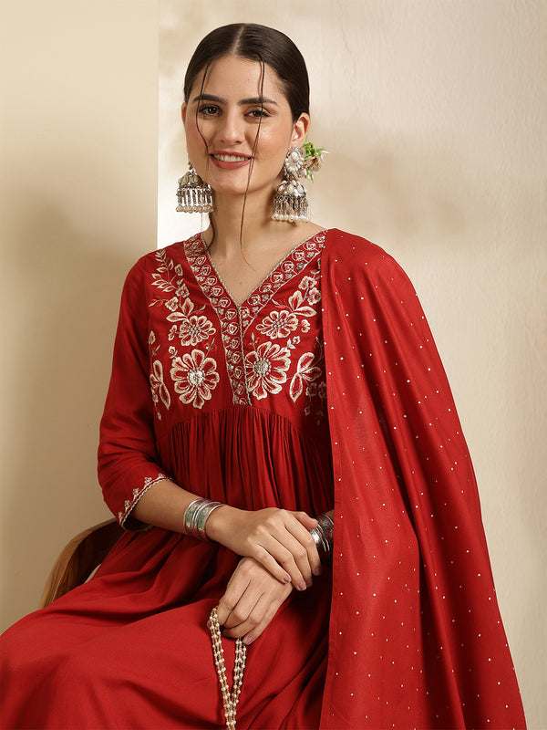 Coral Rayon Solid 3/4 Sleeves V-Neck Semi-Flared Kurta Suit Set