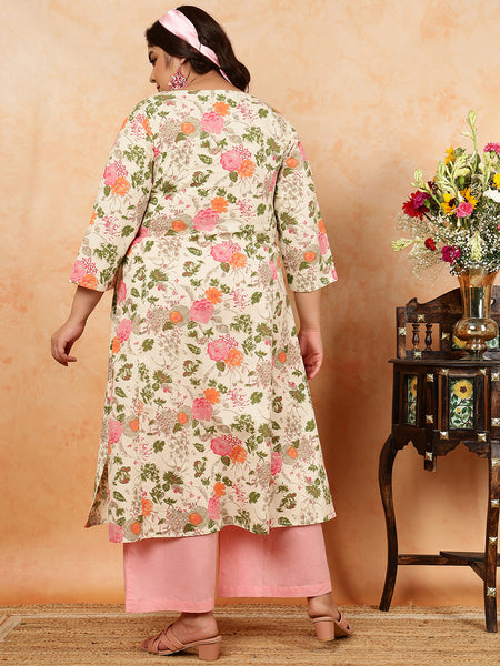 Cotton Flex  Calf Length Printed A-Line 3/4 Sleeves Round Kurta (Plus+)