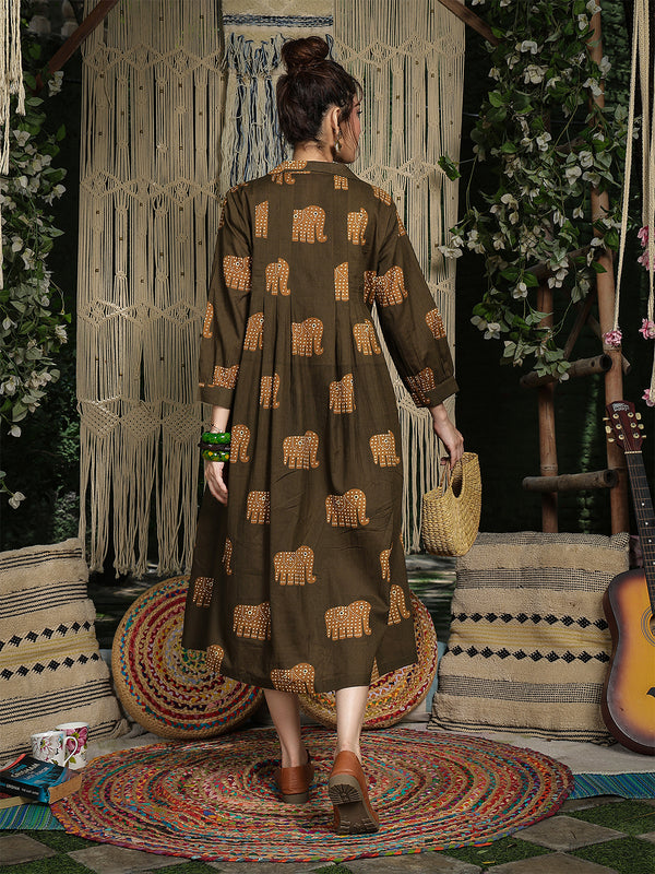 Gulmohar Jaipur Cotton Calf Length Printed Full Sleeve Shirt Collar Flared Dress