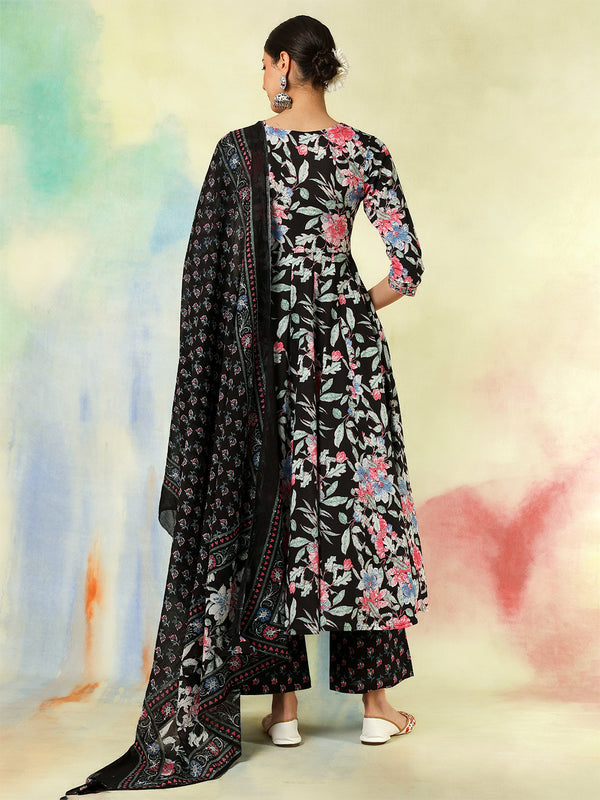 Black Pure Cotton Printed Embroidered Anarkali Kurta Suit Set
