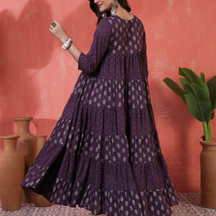 Cotton Calf Length Printed 3/4 Sleeves Key Hole Neck Flared Kurta