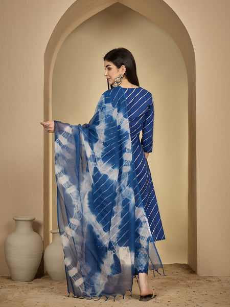 Gulmohar Jaipur Cotton Calf Length Printed 3/4 Sleeves Round Neck Flared Kurta Suit Set