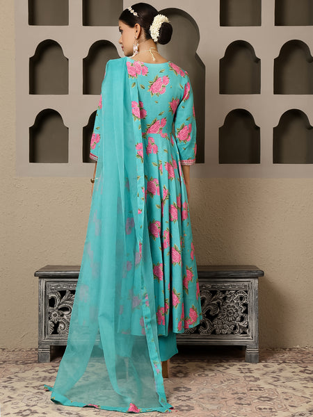 Rama Rayon Calf Length Printed V-Neck Anarkali Kurta Suit Set