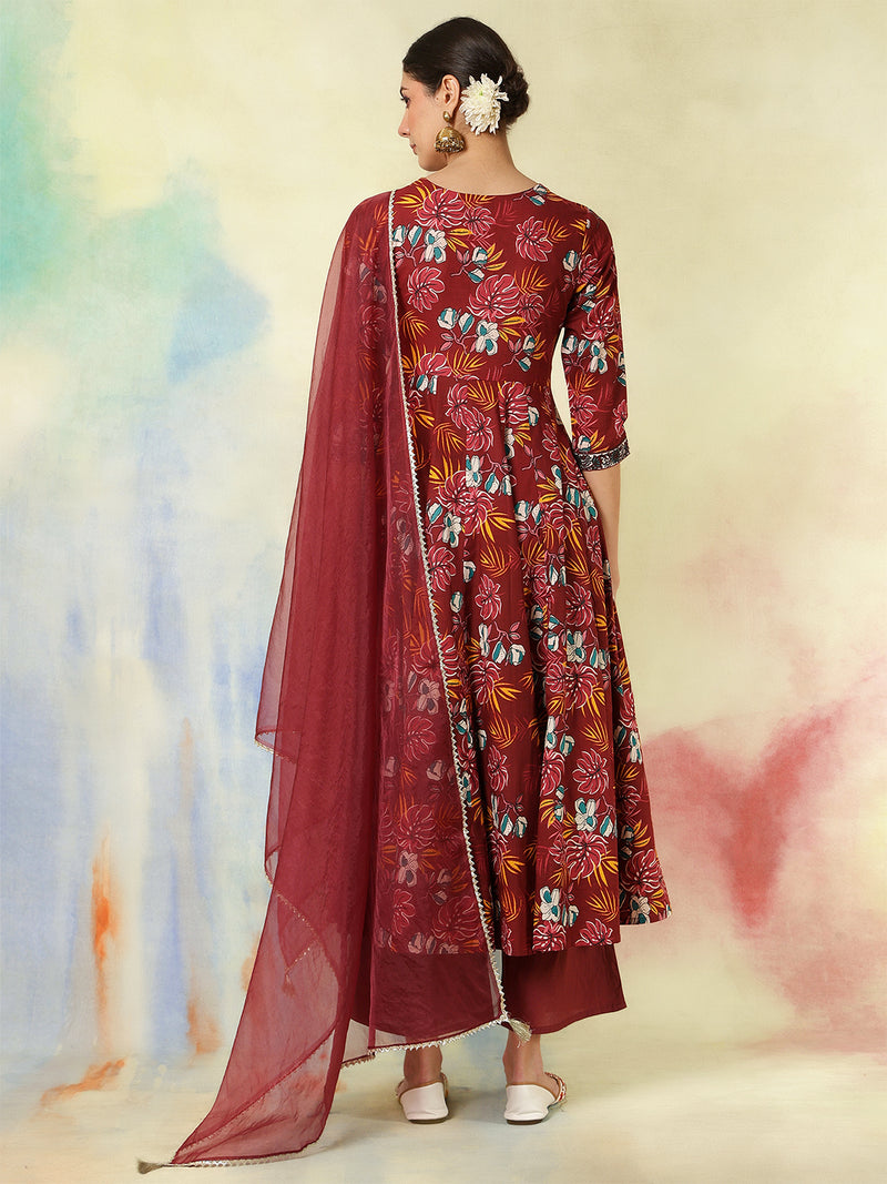 Black Pure Cotton Printed hand-Work Anarkali Kurta Suit Set