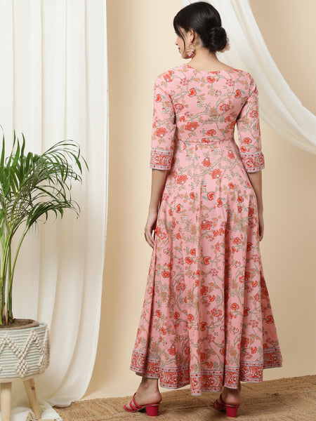 Cotton Ankle Length Printed Flared 3/4 Sleeves V-Neck Kurta