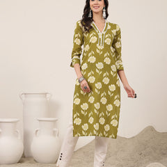 Gulmohar Jaipur Cotton Calf Length Printed 3/4 Sleeves V-Neck Anarkali Kurta Suit Set