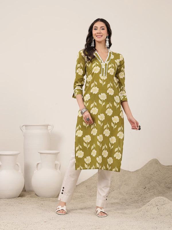 Gulmohar Jaipur Cotton Calf Length Printed 3/4 Sleeves V-Neck Anarkali Kurta Suit Set
