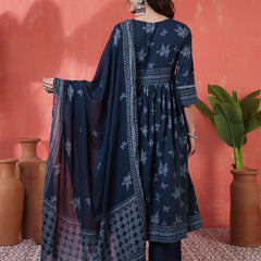 Navy Rayon Calf Length Printed 3/4 Sleeves V-Neck Semi-Flared Kurta Suit Set