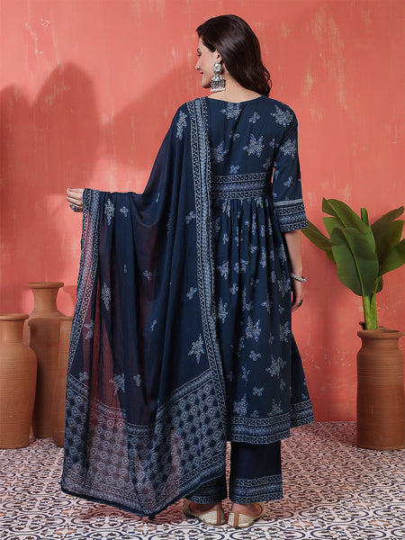 Navy Rayon Calf Length Printed 3/4 Sleeves V-Neck Semi-Flared Kurta Suit Set