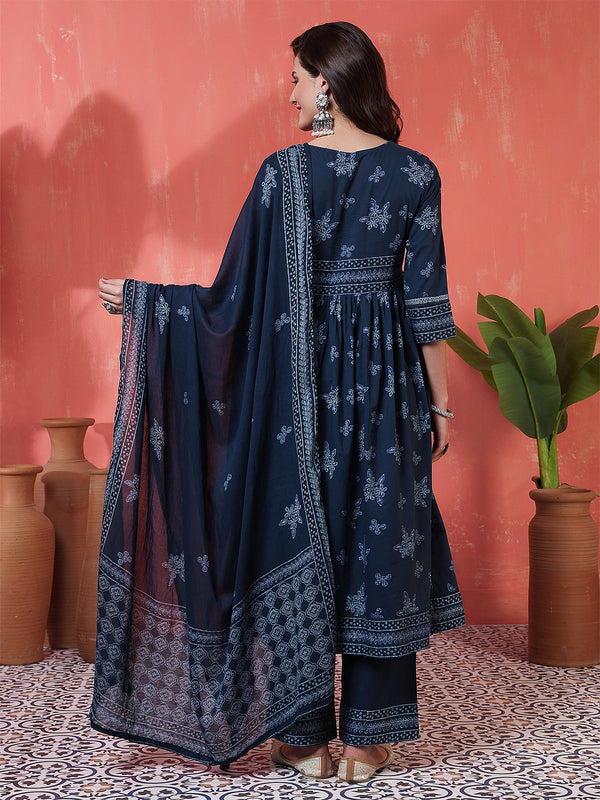 Navy Rayon Calf Length Printed 3/4 Sleeves V-Neck Semi-Flared Kurta Suit Set
