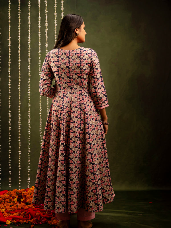Navy Cotton Calf Length Printed Flared Angrakha Kurta Suit Set