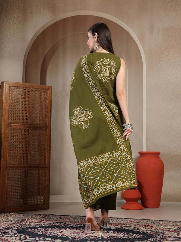 Gulmohar Jaipur Cotton Calf Length Printed Sleeveless Round Neck Straight Kurta Suit Set