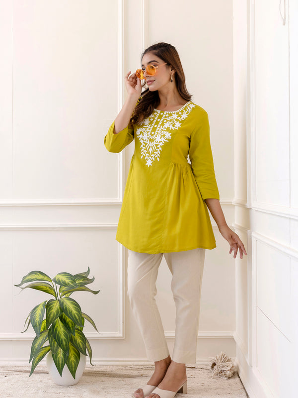 Lime Rayon Hip Length Solid Round Neck Solid Embroidered Straight Top