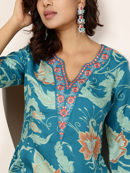 Blue Rayon Calf Length Printed V-Neck Straight Kurta