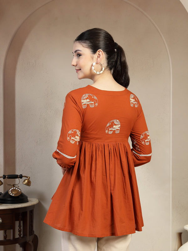 Gulmohar Jaipur Rayon Hip Length Printed 3/4 Sleeves V-Neck Flared Top