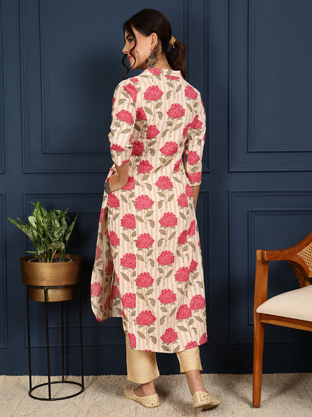 Pink Cotton Flex Calf Length Printed Shirt Coller Straight Kurta