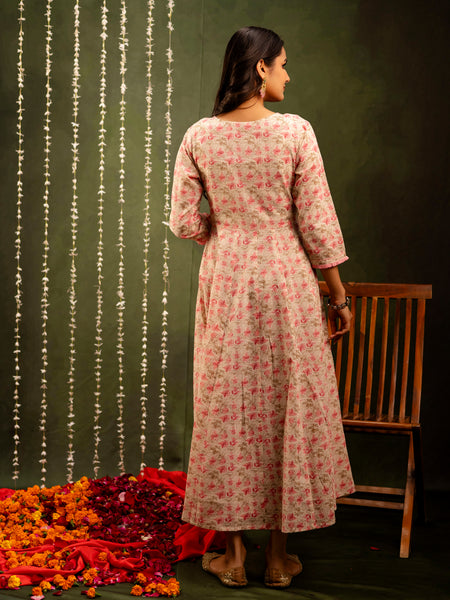 Off White Cotton Calf Length Printed Flared Angrakha Kurta