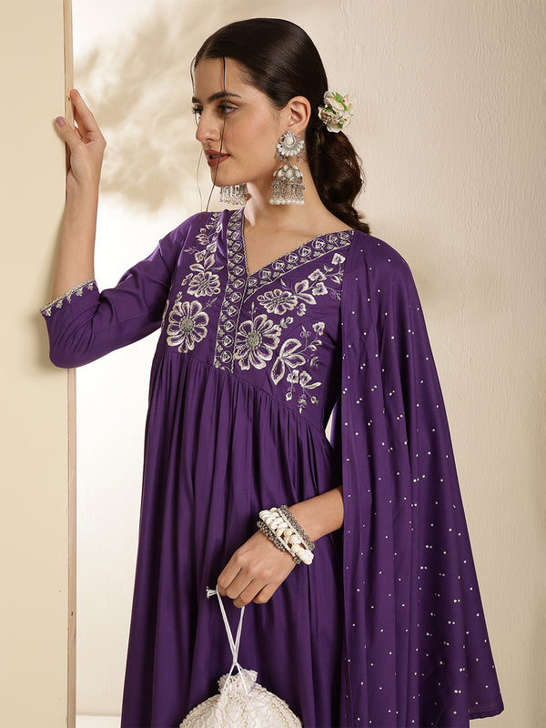 Coral Rayon Solid 3/4 Sleeves V-Neck Semi-Flared Kurta Suit Set