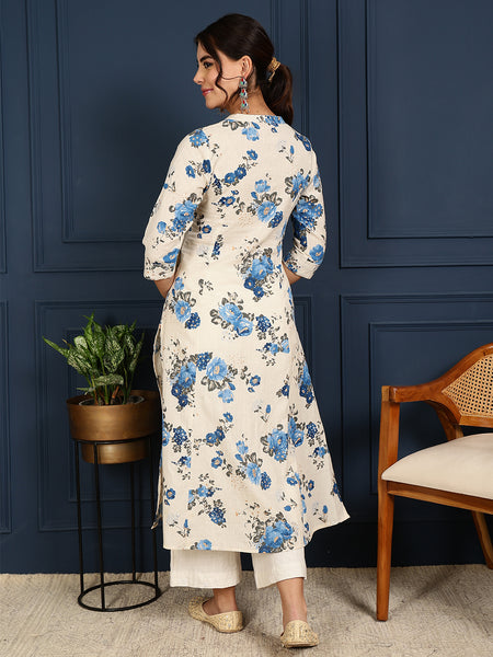 Blue Cotton Flex Calf Length Printed Mandarin  A-Line Coller Kurta
